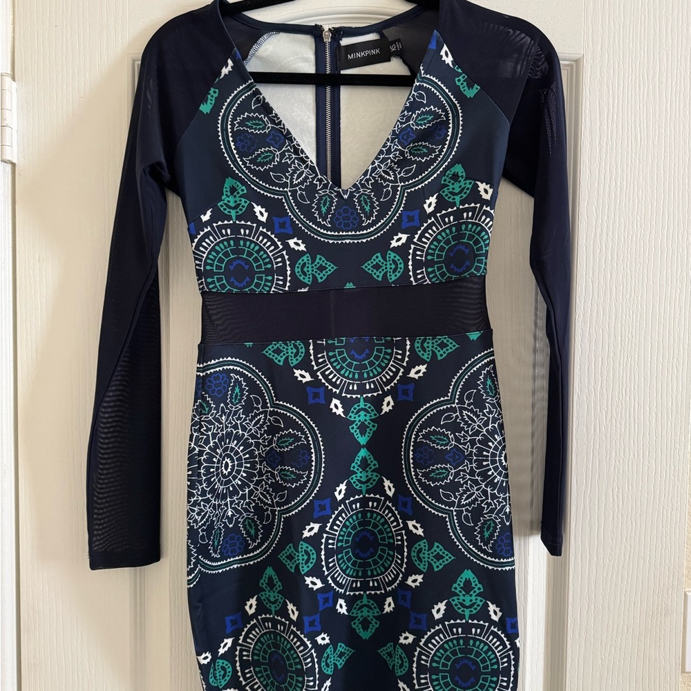 Minkpink Navy and Green Patterned Dress